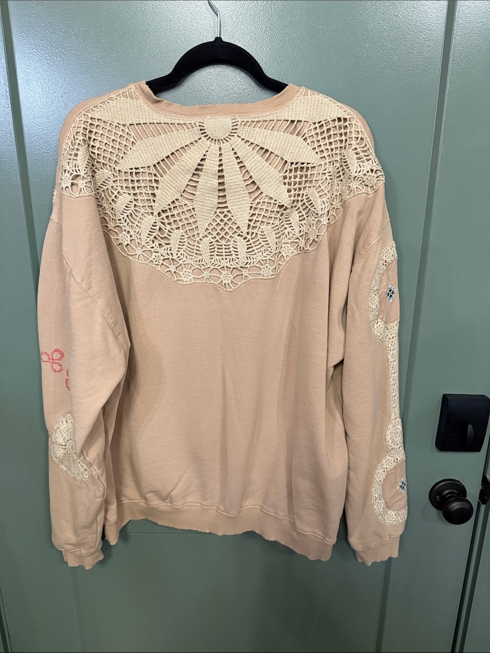 NWOT Free People Beige Embroidered Crochet Pocket Sweatshirt - Picture 8 of 11